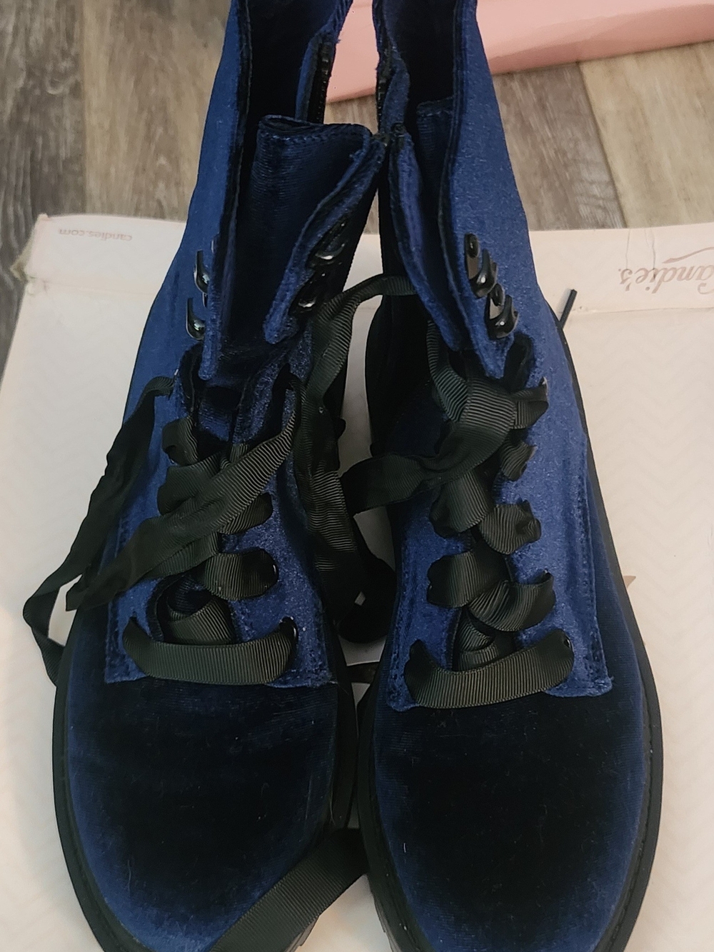 Candie's Navy Velvet Lace-Up Ankle Boots